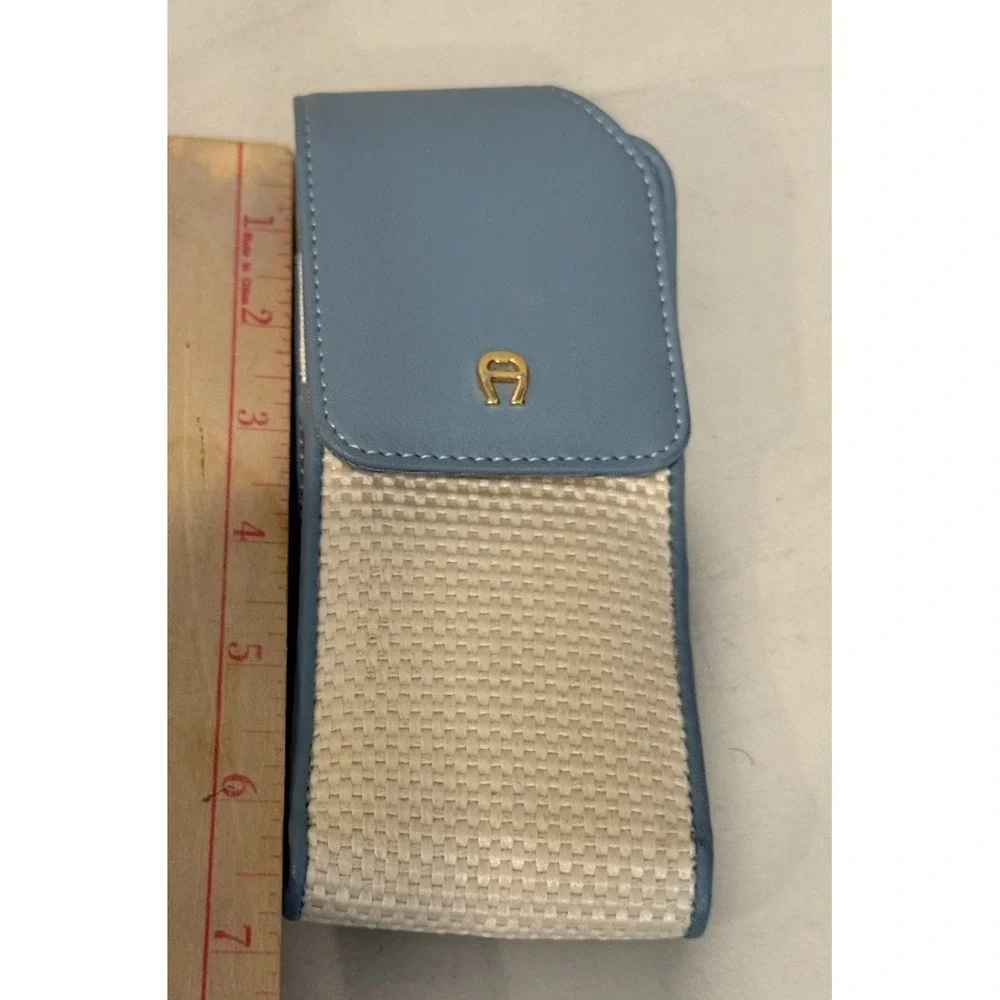 Aigner Blue Leather Straw Raffia Phone Sleeve Wrap Case Protective Pouch
